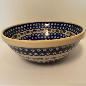 POLISH POTTERY VINTAGE BOWL BLUE WHITE POLAND HANDMADE HOME DINING SERVEWARE